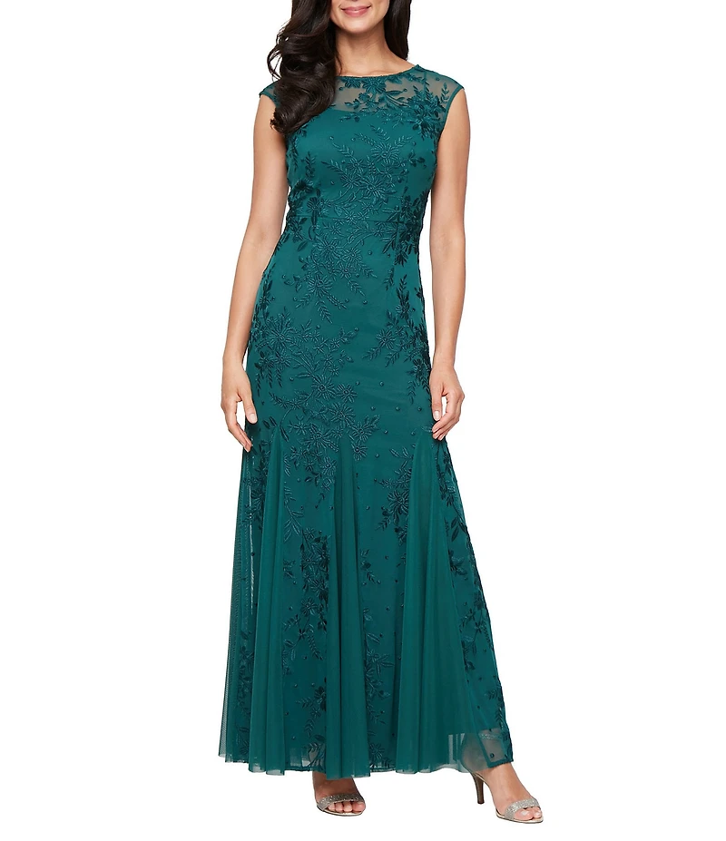 Alex Evenings Stretch Tulle Floral Embroidered Illusion Round Neck Sleeveless Godet Dress