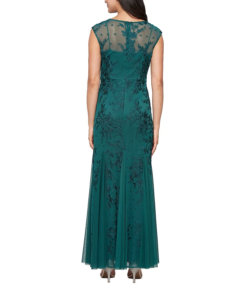 Alex Evenings Stretch Tulle Floral Embroidered Illusion Round Neck Sleeveless Godet Dress