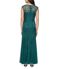 Alex Evenings Stretch Tulle Floral Embroidered Illusion Round Neck Sleeveless Godet Dress