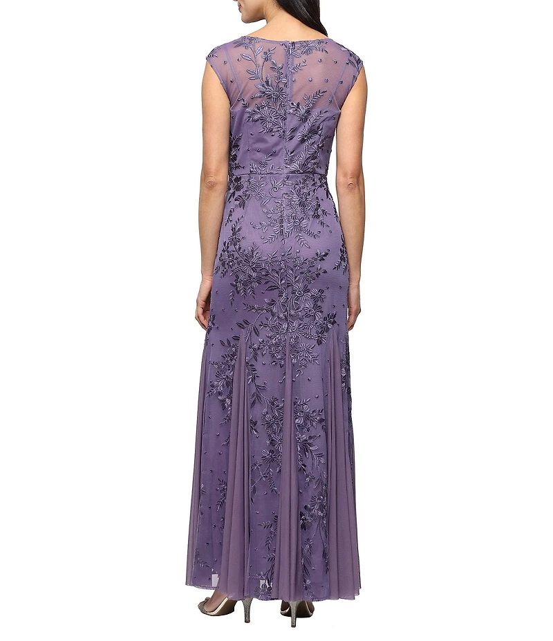 Alex Evenings Stretch Tulle Floral Embroidered Illusion Round Neck Cap Sleeve Godet Dress