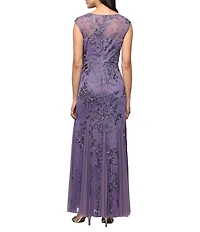 Alex Evenings Stretch Tulle Floral Embroidered Illusion Round Neck Cap Sleeve Godet Dress