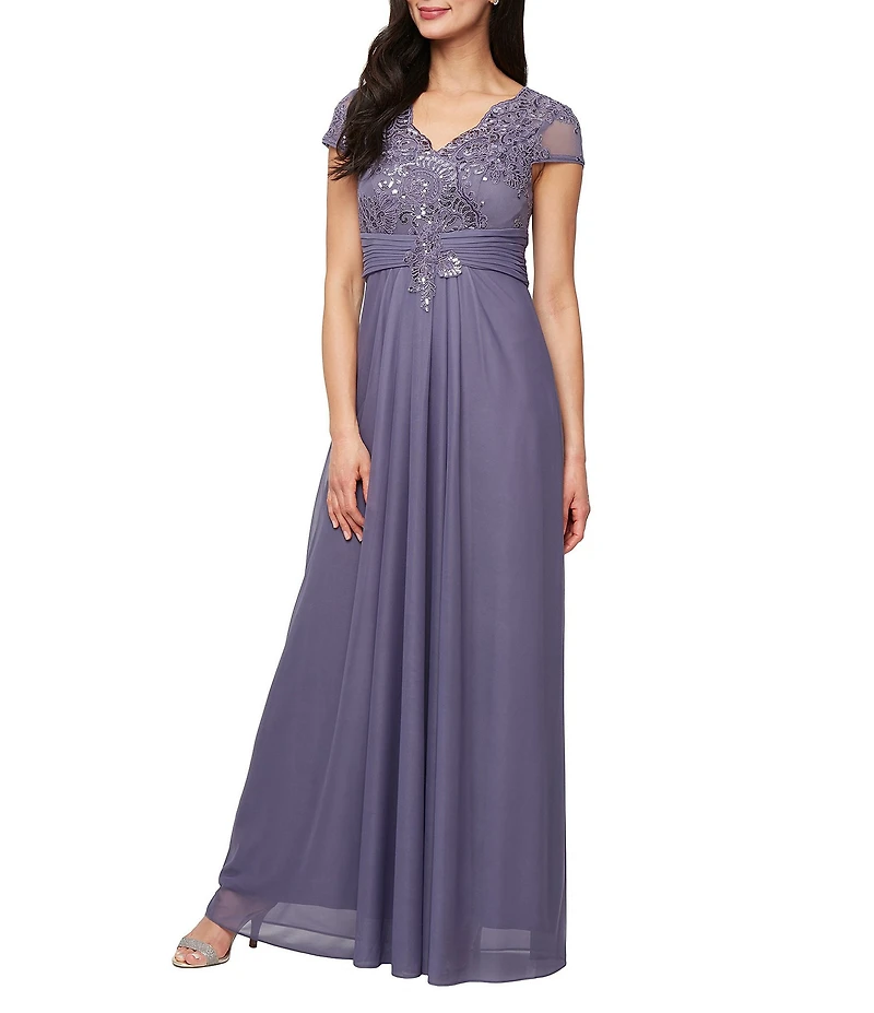 Alex Evenings Stretch Tulle Lace Top Embroidered Surplice V-Neck Short Sleeves A-Line Dress
