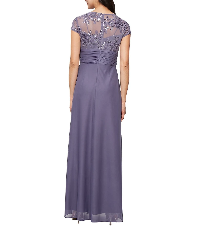 Alex Evenings Stretch Tulle Lace Top Embroidered Surplice V-Neck Short Sleeves A-Line Dress