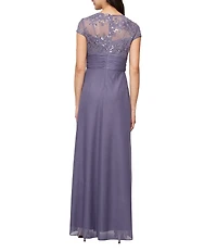 Alex Evenings Stretch Tulle Lace Top Embroidered Surplice V-Neck Short Sleeves A-Line Dress