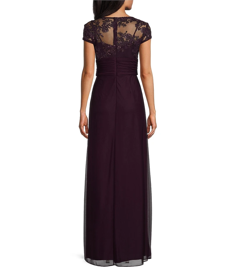 Alex Evenings Stretch Tulle Lace Top Embroidered Surplice V-Neck Short Sleeves A-Line Dress
