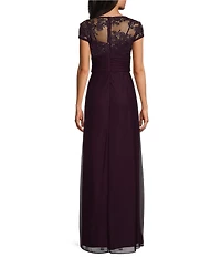 Alex Evenings Stretch Tulle Lace Top Embroidered Surplice V-Neck Short Sleeves A-Line Dress