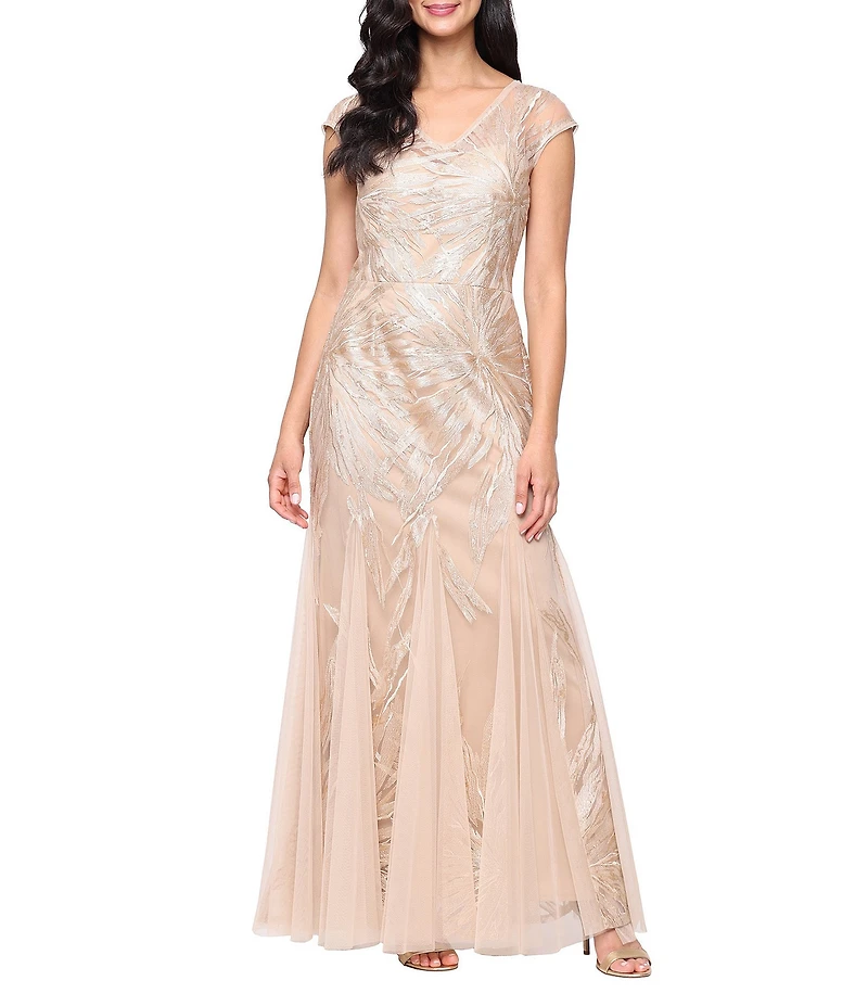 Alex Evenings Stretch Tulle V-Neck Cap Sleeve Embroidered Sheath Gown