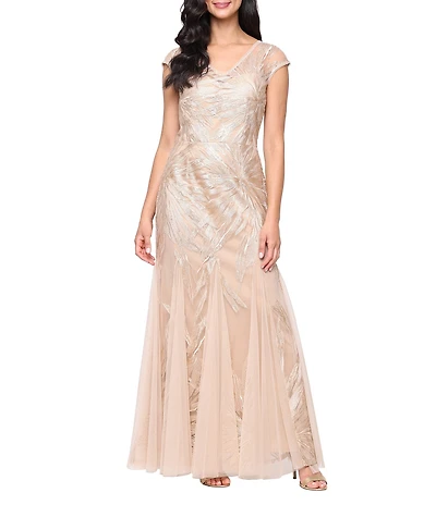 Alex Evenings Stretch Tulle V-Neck Cap Sleeve Embroidered Sheath Gown