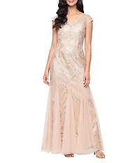 Alex Evenings Stretch Tulle V-Neck Cap Sleeve Embroidered Sheath Gown
