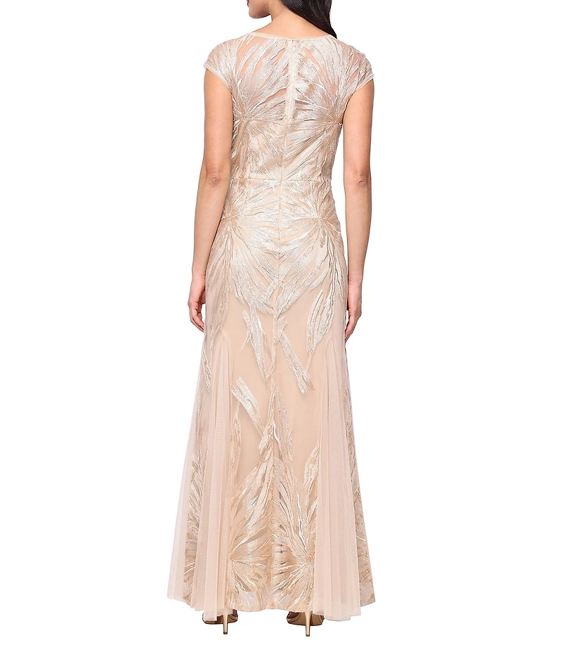 Alex Evenings Stretch Tulle V-Neck Cap Sleeve Embroidered Sheath Gown