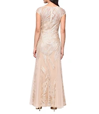 Alex Evenings Stretch Tulle V-Neck Cap Sleeve Embroidered Sheath Gown