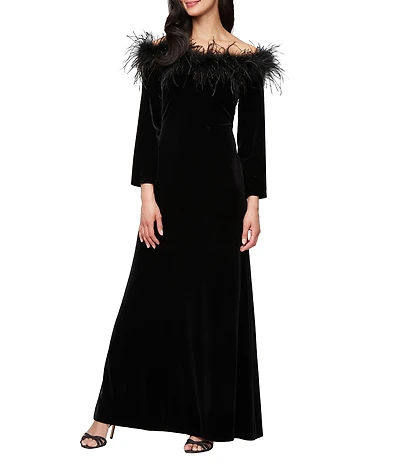 Alex Evenings Stretch Velvet Maribou Off The Shoulder Neckline 3/4 Sleeve Gown