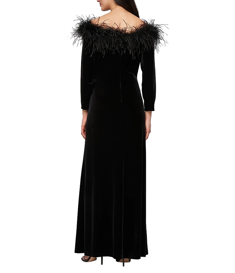 Alex Evenings Stretch Velvet Maribou Off The Shoulder Neckline 3/4 Sleeve Gown