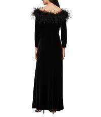Alex Evenings Stretch Velvet Maribou Off The Shoulder Neckline 3/4 Sleeve Gown