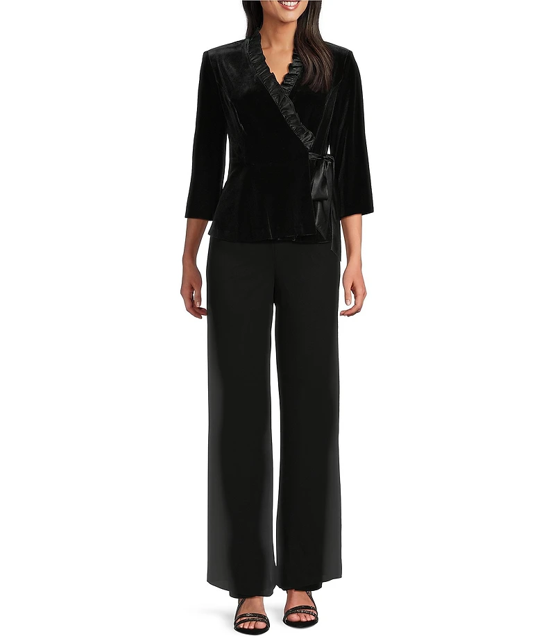 Alex Evenings Stretch Velvet Satin Ruffle Neckline 3/4 Sleeve Blouse
