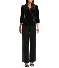 Alex Evenings Stretch Velvet Satin Ruffle Neckline 3/4 Sleeve Blouse