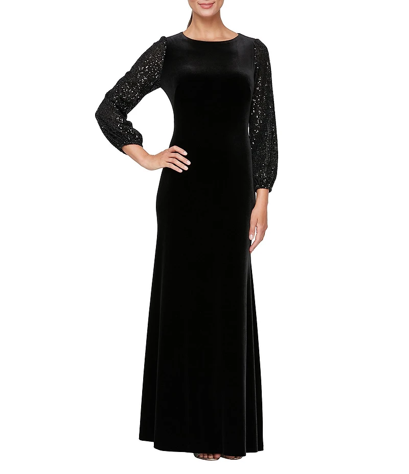 Alex Evenings Stretch Velvet Scoop Neck Long Sequin Balloon Sleeve Gown