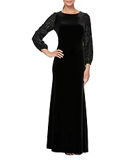 Alex Evenings Stretch Velvet Scoop Neck Long Sequin Balloon Sleeve Gown