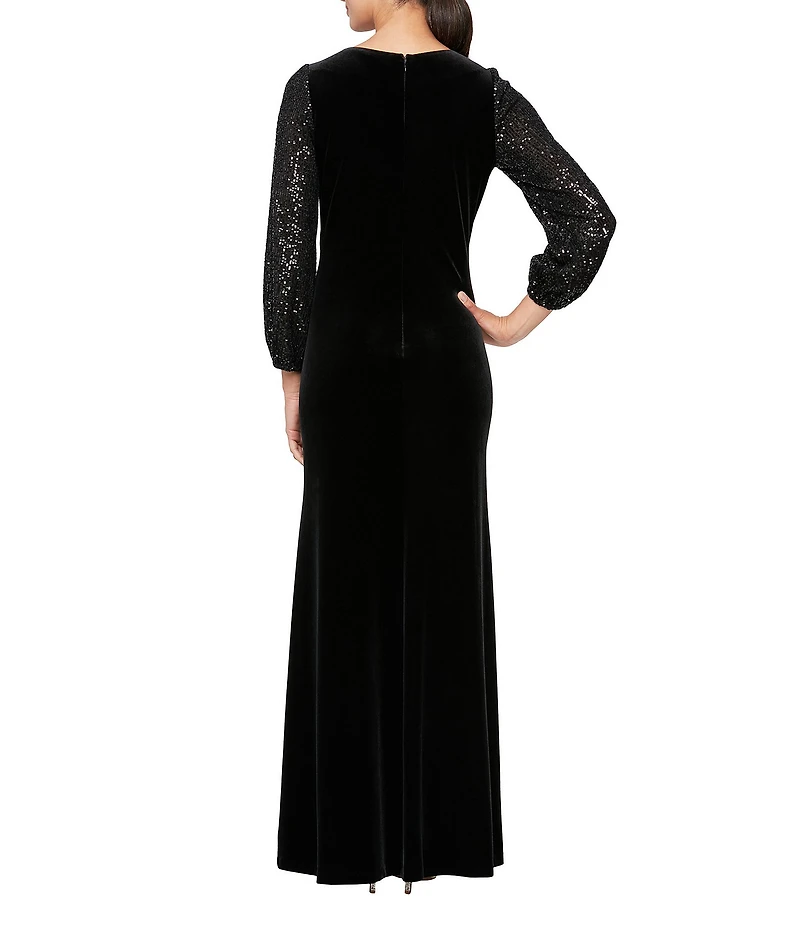 Alex Evenings Stretch Velvet Scoop Neck Long Sequin Balloon Sleeve Gown