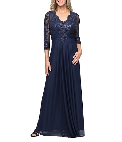 Alex Evenings Surplice Neck 3/4 Illusion Sleeve Embroidered Detail Long Dress