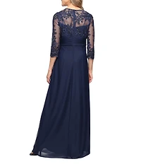 Alex Evenings Surplice Neck 3/4 Illusion Sleeve Embroidered Detail Long Dress