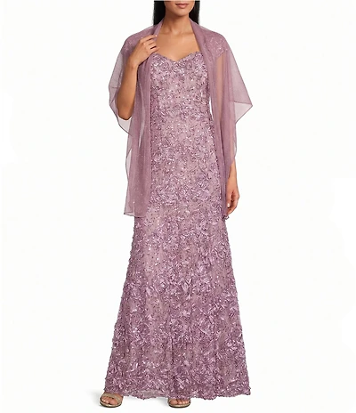 Alex Evenings Sweetheart Neck Lace Shawl Soutache Long Gown