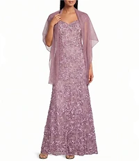 Alex Evenings Sweetheart Neck Lace Shawl Soutache Long Gown