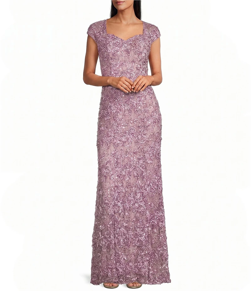 Alex Evenings Sweetheart Neck Lace Shawl Soutache Long Gown