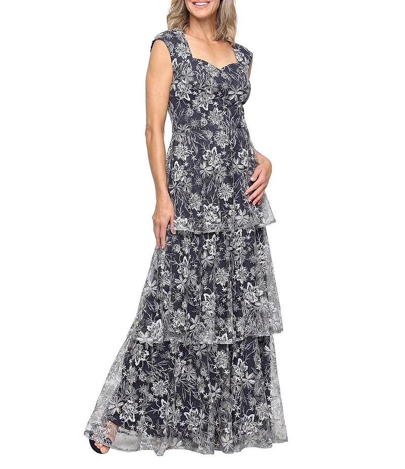 Alex Evenings Sweetheart Neck Tiered Skirt Embroidered Long Dress