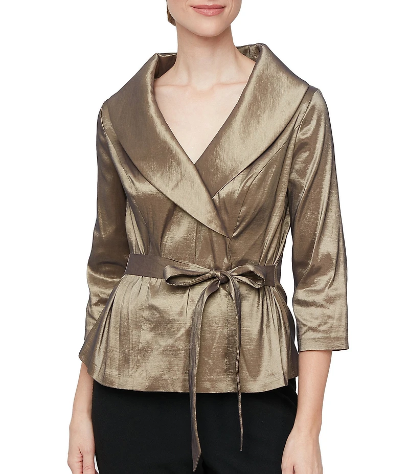 Alex Evenings Taffeta Tie Waist Shawl Collar 3/4 Sleeve Top