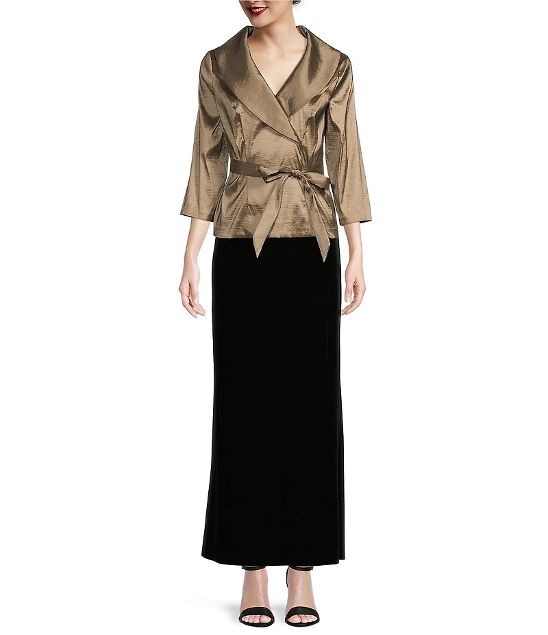 Alex Evenings Taffeta Tie Waist Shawl Collar 3/4 Sleeve Top