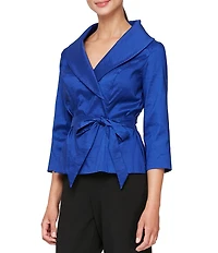 Alex Evenings Taffeta Tie Waist Shawl Collar 3/4 Sleeve Top