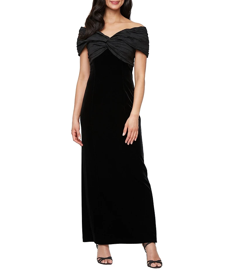 Alex Evenings Taffeta Twist Off The Shoulder Short Sleeve Stretch Velvet Sheath Gown