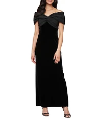 Alex Evenings Taffeta Twist Off The Shoulder Short Sleeve Stretch Velvet Sheath Gown