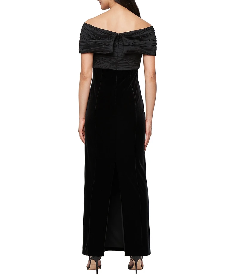 Alex Evenings Taffeta Twist Off The Shoulder Short Sleeve Stretch Velvet Sheath Gown