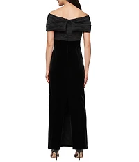 Alex Evenings Taffeta Twist Off The Shoulder Short Sleeve Stretch Velvet Sheath Gown