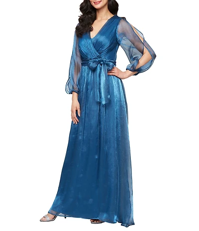 Alex Evenings V-Neck 3/4 Bubble Hem Sleeve Belted Gown