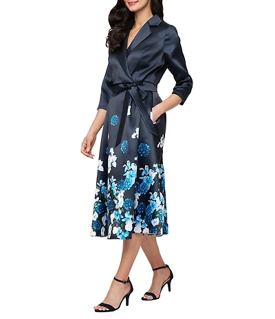 Alex Evenings V-Neck 3/4 Sleeve Floral Print Belted Midi Dress
