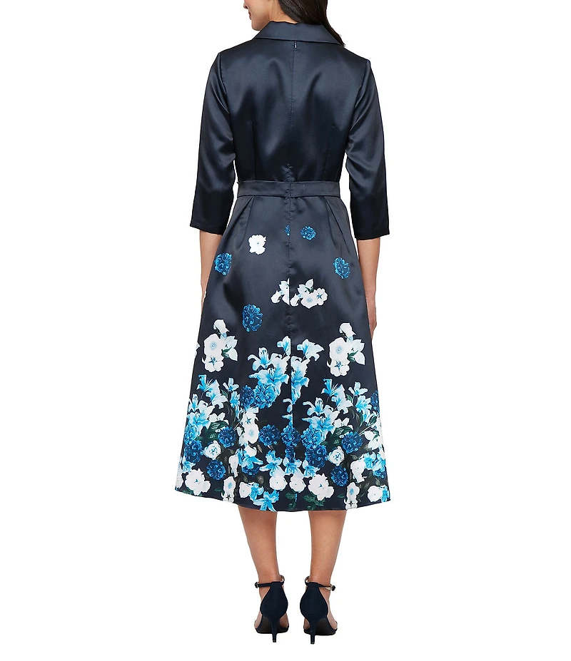 Alex Evenings V-Neck 3/4 Sleeve Floral Print Belted Midi Dress