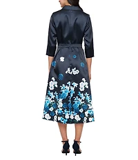 Alex Evenings V-Neck 3/4 Sleeve Floral Print Belted Midi Dress