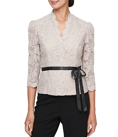 Alex Evenings V-Neck 3/4 Sleeve Scallop Front Lace Blouse
