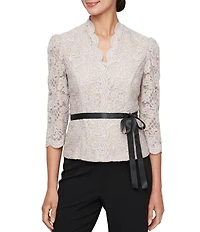 Alex Evenings V-Neck 3/4 Sleeve Scallop Front Lace Blouse