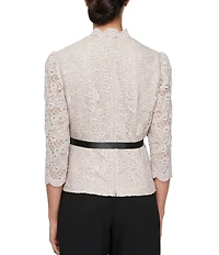 Alex Evenings V-Neck 3/4 Sleeve Scallop Front Lace Blouse