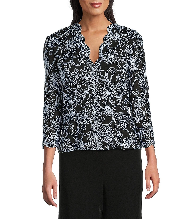 Alex Evenings V-Neck 3/4 Sleeve Scalloped Floral Lace Lined Embroidered Top