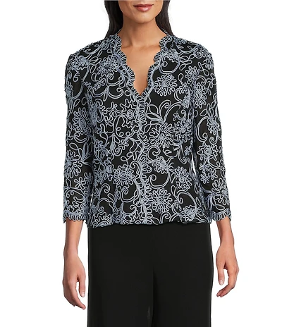 Alex Evenings V-Neck 3/4 Sleeve Scalloped Floral Lace Lined Embroidered Top