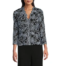 Alex Evenings V-Neck 3/4 Sleeve Scalloped Floral Lace Lined Embroidered Top
