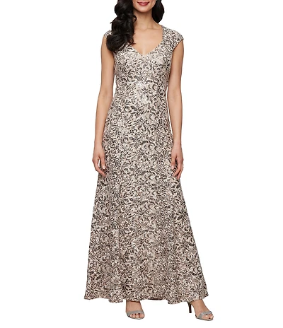 Alex Evenings V-Neck Cap Sleeve Corded Lace Mermaid Gown