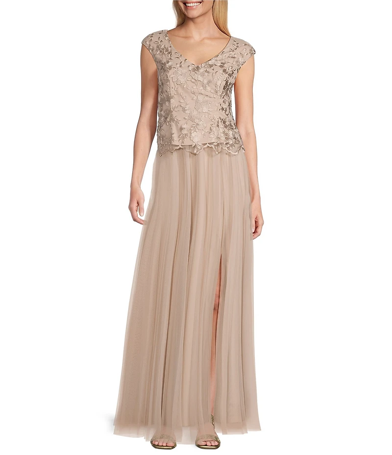 Alex Evenings V Neck Cap Sleeve Embroidered Bodice Stretch Tulle A Line Gown
