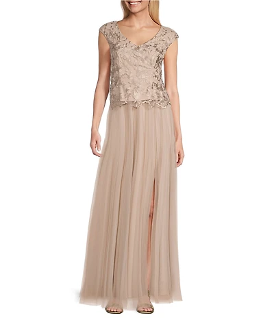 Alex Evenings V Neck Cap Sleeve Embroidered Bodice Stretch Tulle A Line Gown