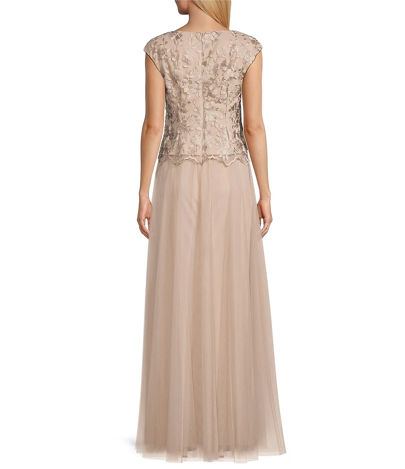 Alex Evenings V Neck Cap Sleeve Embroidered Bodice Stretch Tulle A Line Gown